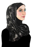 black stylish mona kuwaiti hijab wrap with silver feathers