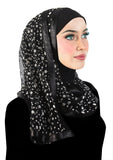 white dots on black stylish mona kuwaiti hijab wrap with satin trim in black