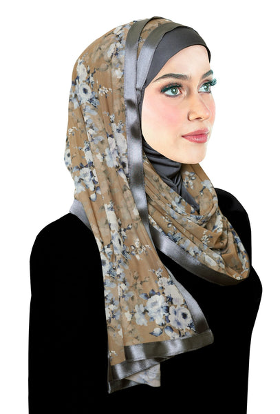 Stylish mona head scarf wrap with lycra hood and long printed chiffon wrap in gray and beige with gray satin trim