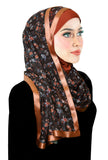 copper rose kuwaiti stylish mona hijab with copper satin trim and rust color lycra underscarf