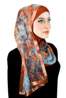 blue and copper quartz pattern on long chiffon headwrap over the under hijab hood in rust color