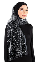 black stylish mona kuwaiti hijab wrap with white random dots in different sizes