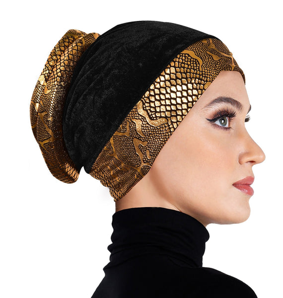 Venetian turban hijab cap velvet and gold lame with black