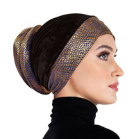 venetian turban cap black velvet, gold lame with royal blue pattern