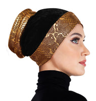 turban cap gold lame, black velvet with brown pattern