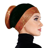 gold and black velvet lame turban volumizer cap with red details